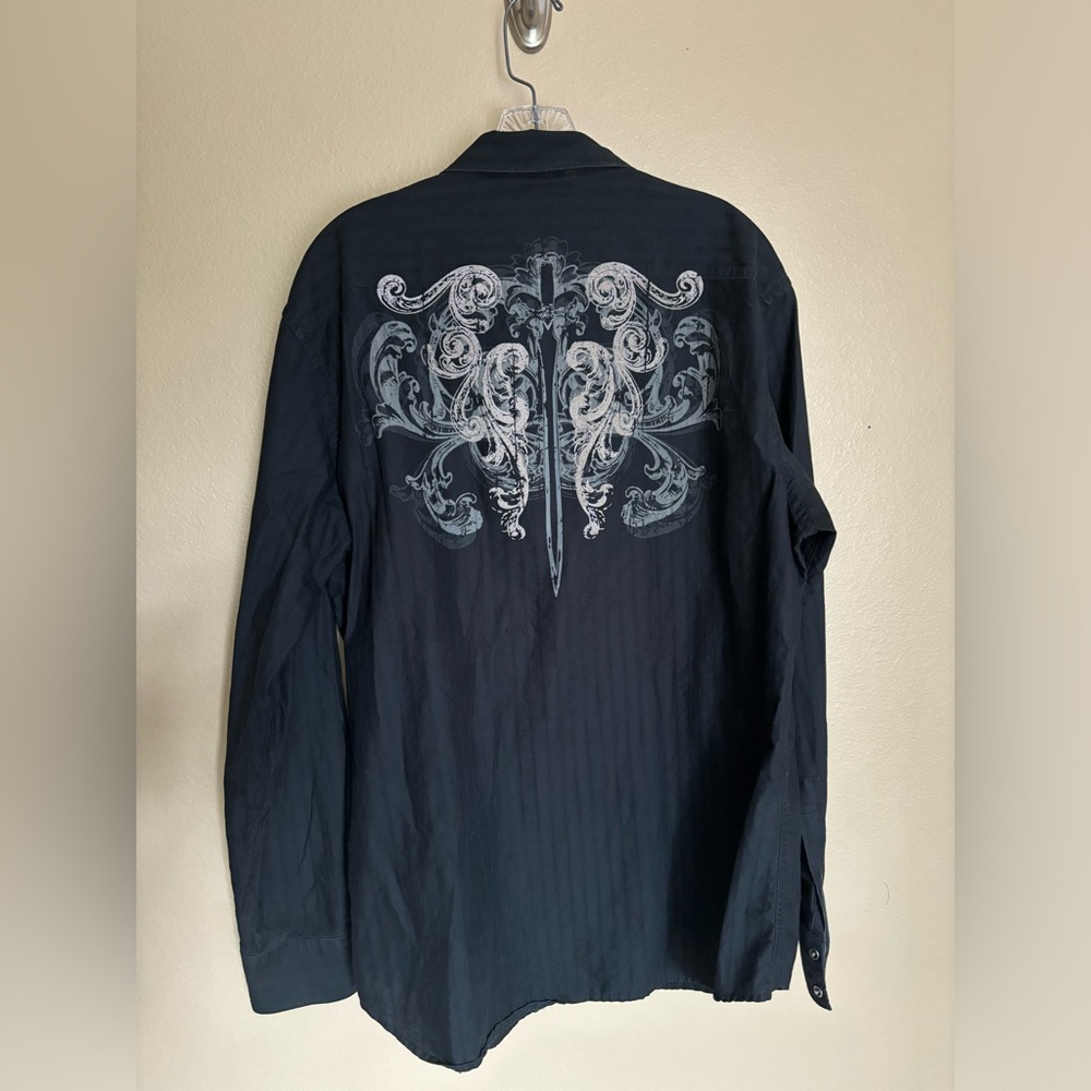 Apt. 9 Black Casual Button Down Shirt with White Design